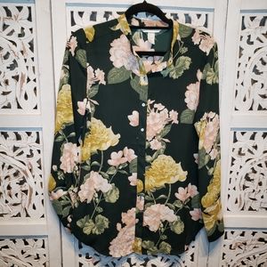 H&M Green Button Down Long Sleeve Floral Top Sz 6